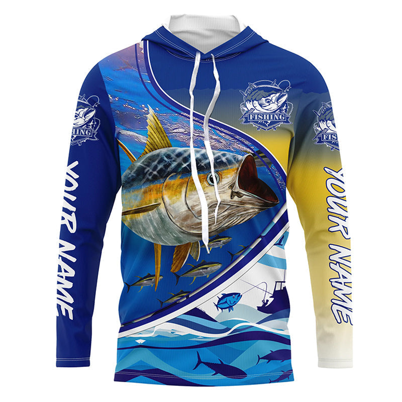 BlueJose Personalized Tuna Fishing Scales Blue Camo Long Sleeve Fishing Shirts, Tuna Saltwater Fishing