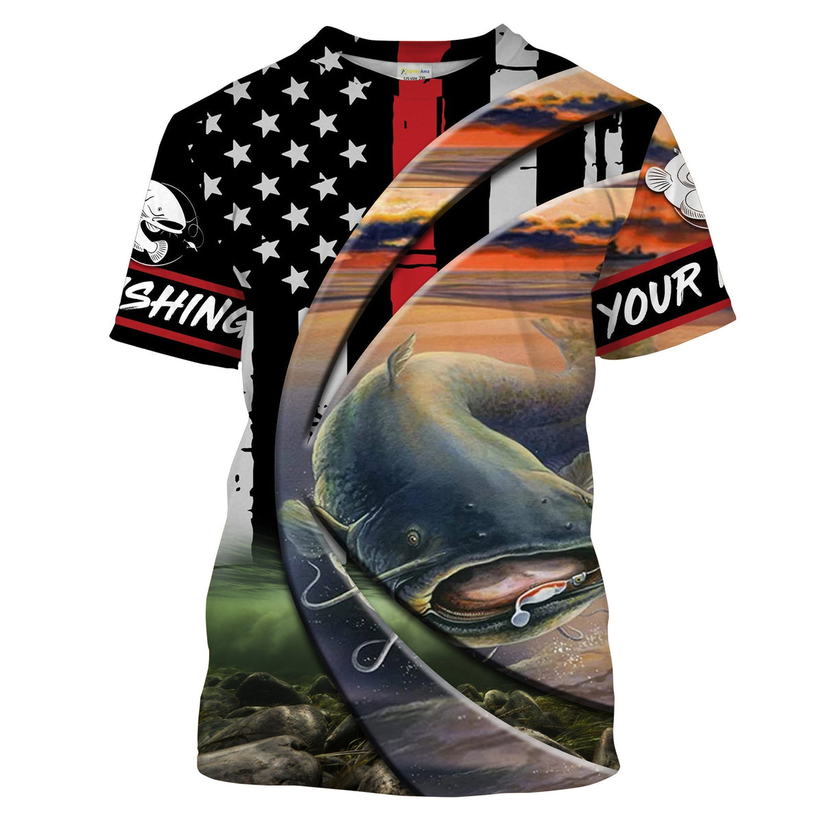 BlueJose Catfish Fishing American Flag Patriotic Fishing Customize Name    Long Sleeves Fishing Shirts