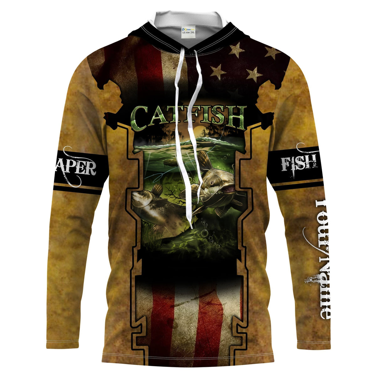 BlueJose Mens Flathead Catfish Fishing American Flag   Long Sleeves Shirt - Personalized Fishing Gifts