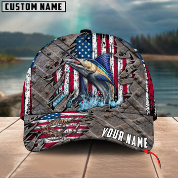 BlueJose Marlin Fishing US Flag Personalized Cap