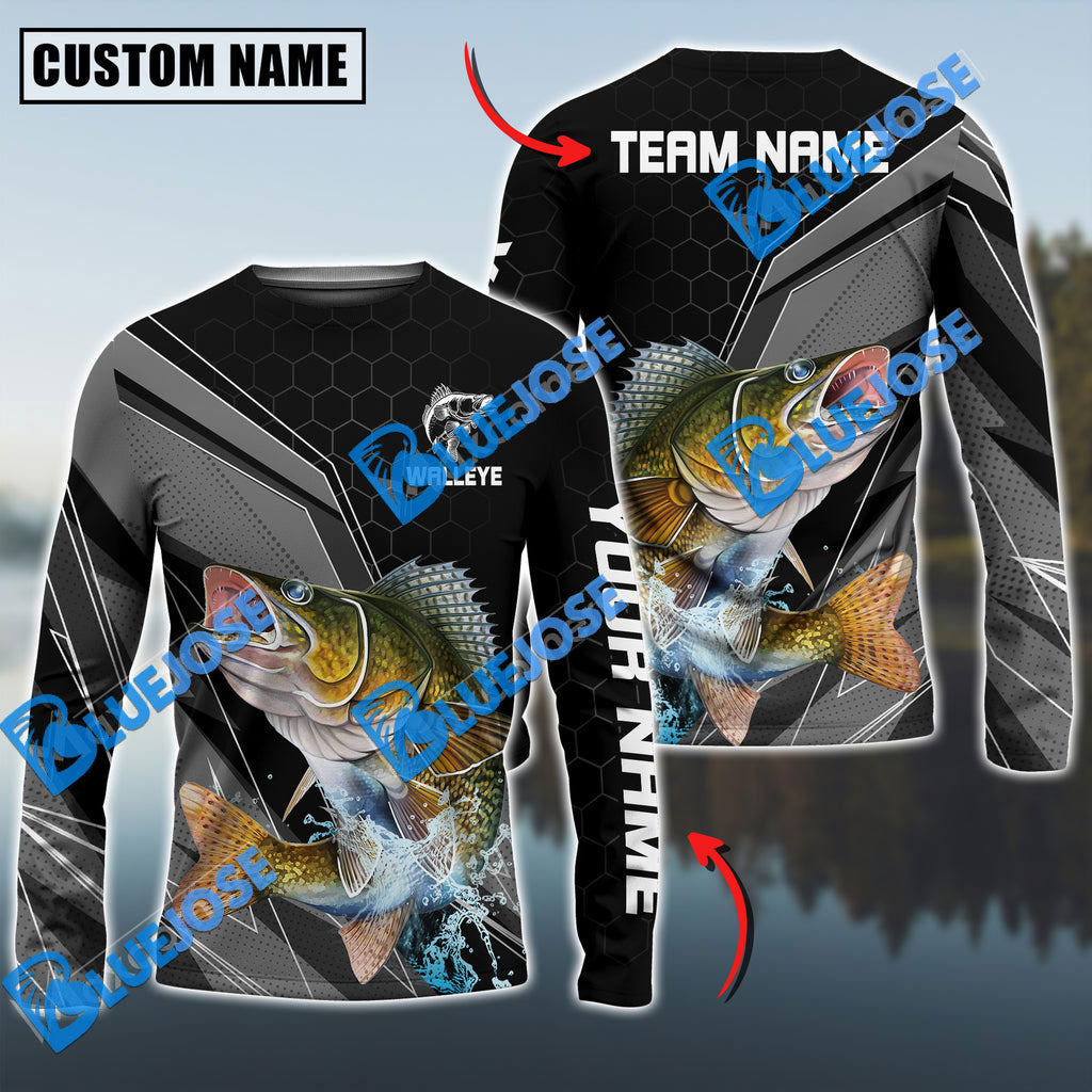 BlueJose Walleye Fishing Sport Jersey Personalized Name Long Sleeve Shirt
