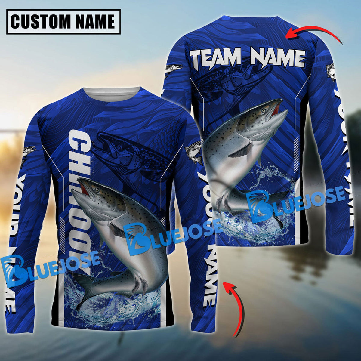 BlueJose Chinook Fishing Jersey Tournament Sun Protection Custom Name & Team Name 3D Shirts