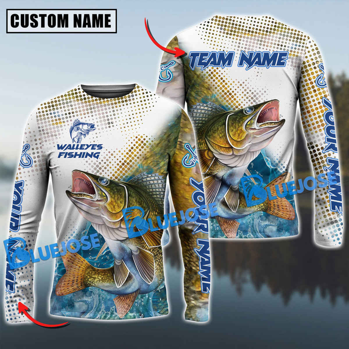 BlueJose Walleye Fishing Jersey Sun Protection Custom Name & Team Name 3D Shirts