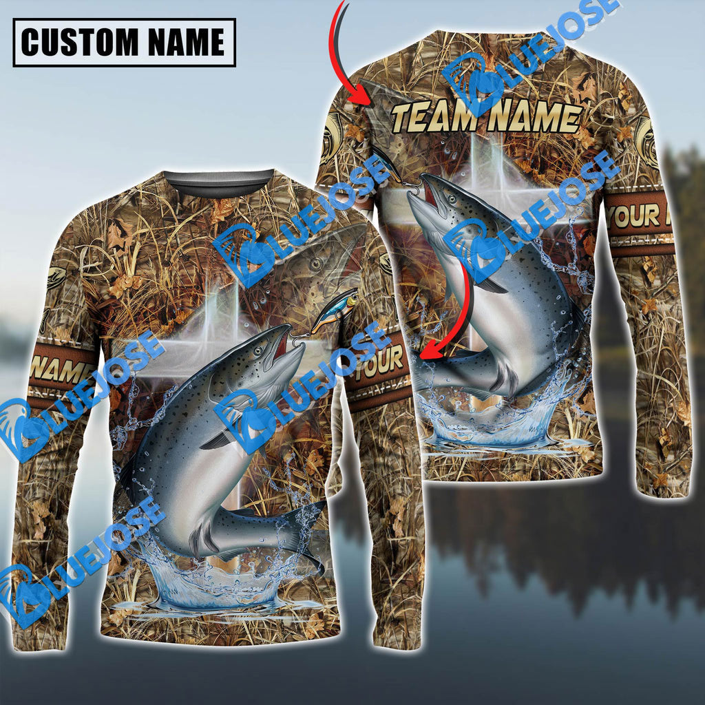 BlueJose Salmon Fishing Camo Cross Sun Protection Custom Name & Team Name 3D Shirts