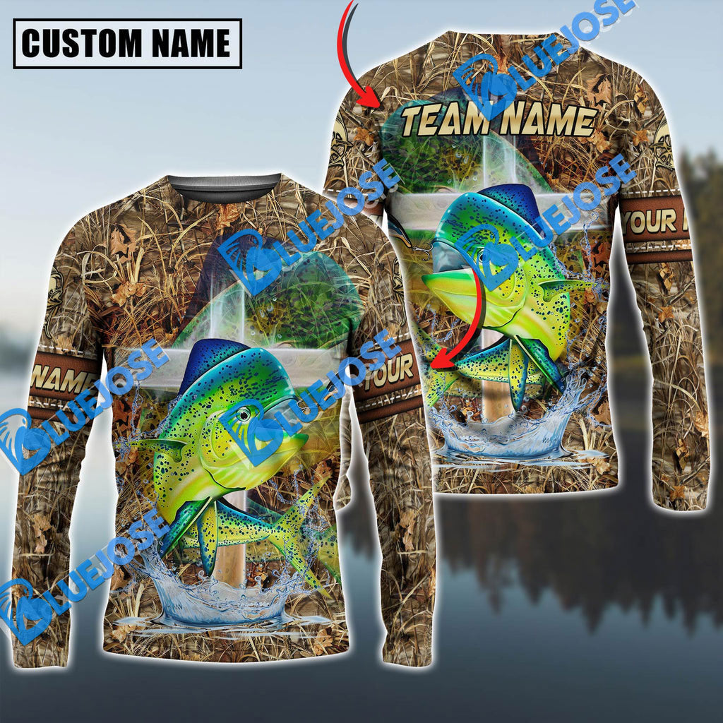 BlueJose Mahi-Mahi Fishing Camo Cross Custom Name & Team Name 3D Shirts
