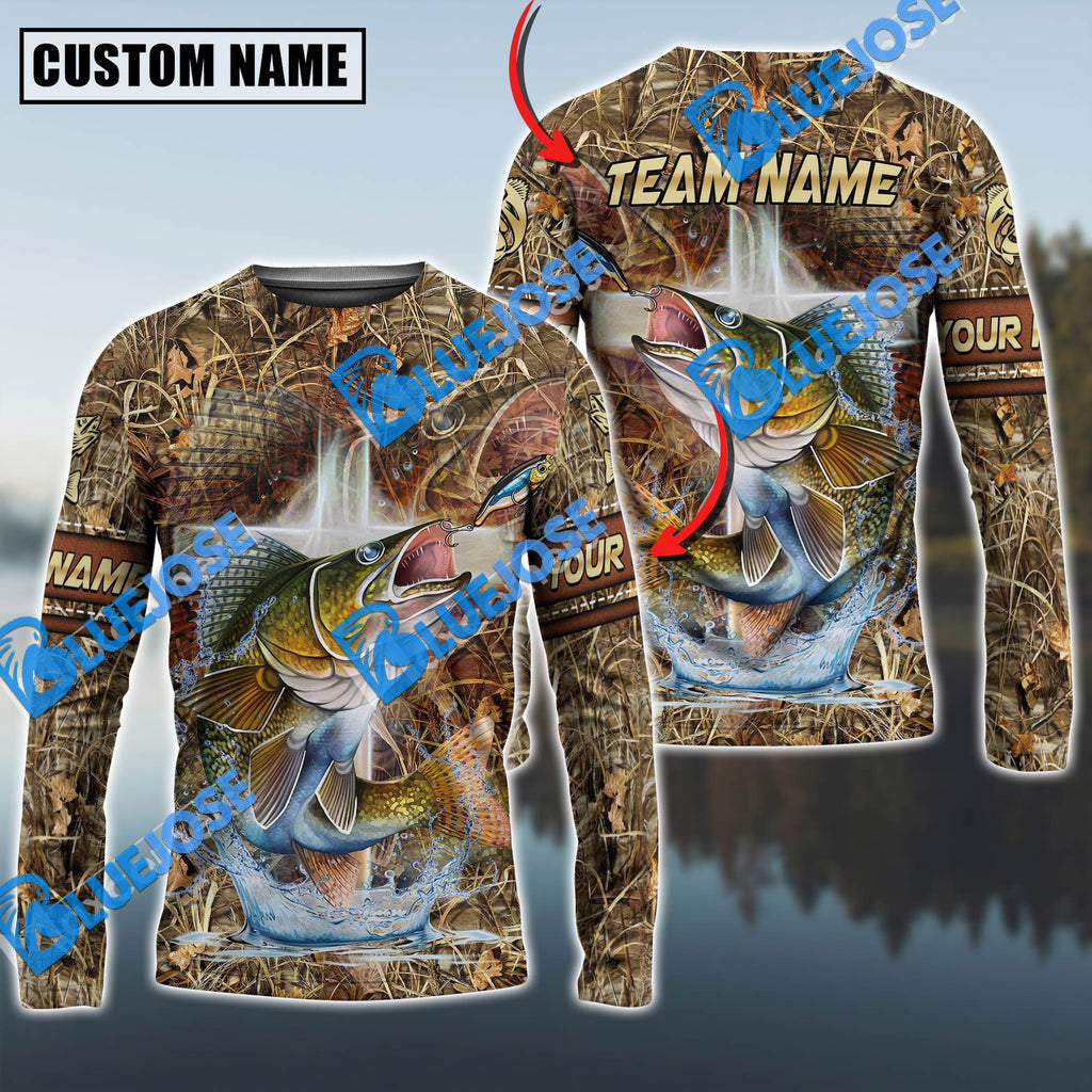 BlueJose Walleye Fishing Camo Cross Sun Protection Custom Name & Team Name 3D Shirts