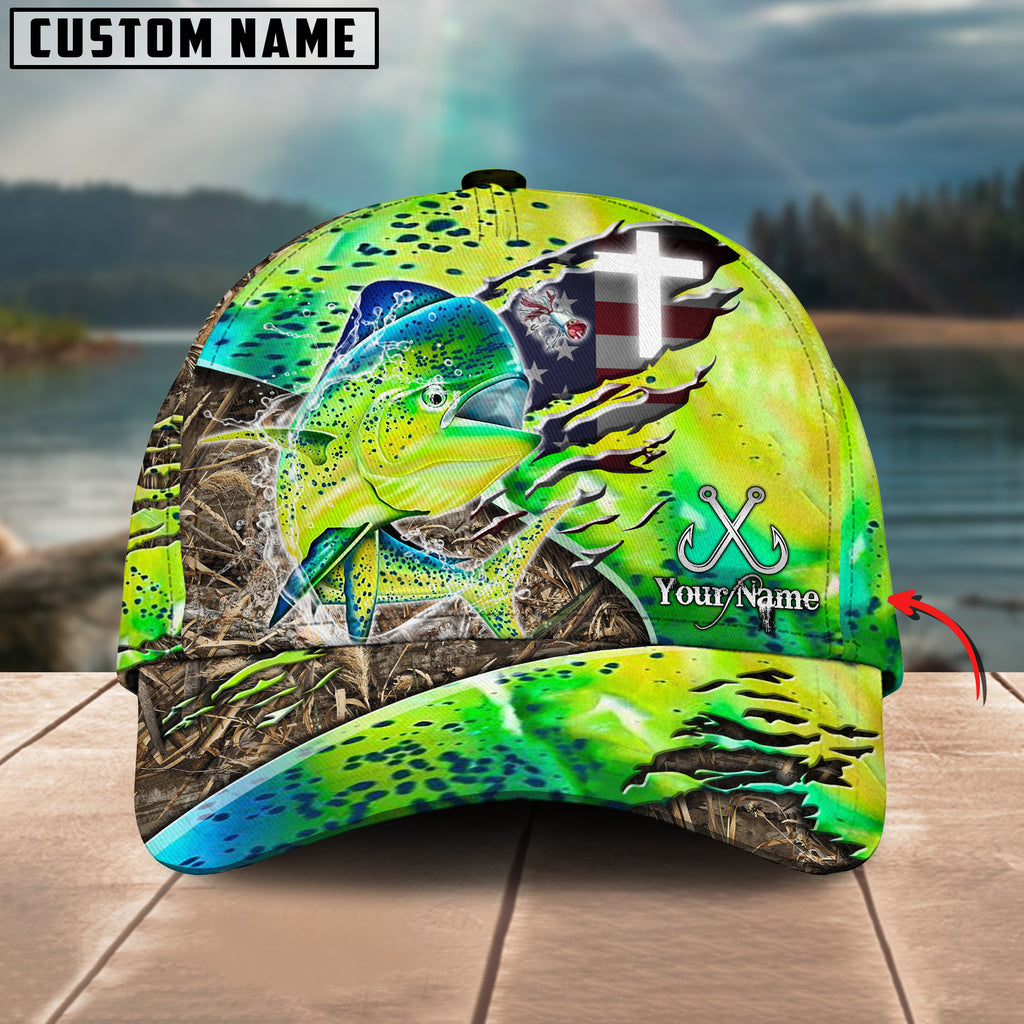 BlueJose Mahi-Mahi Fishing American Flag & Cross Design with Camo Personalized Cap