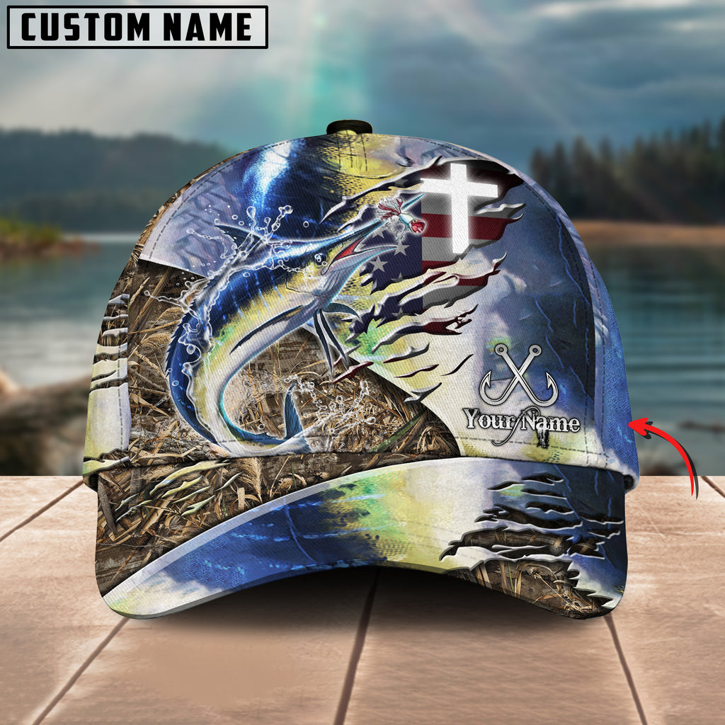 BlueJose Marlin Fishing American Flag & Cross Design with Camo Personalized Cap