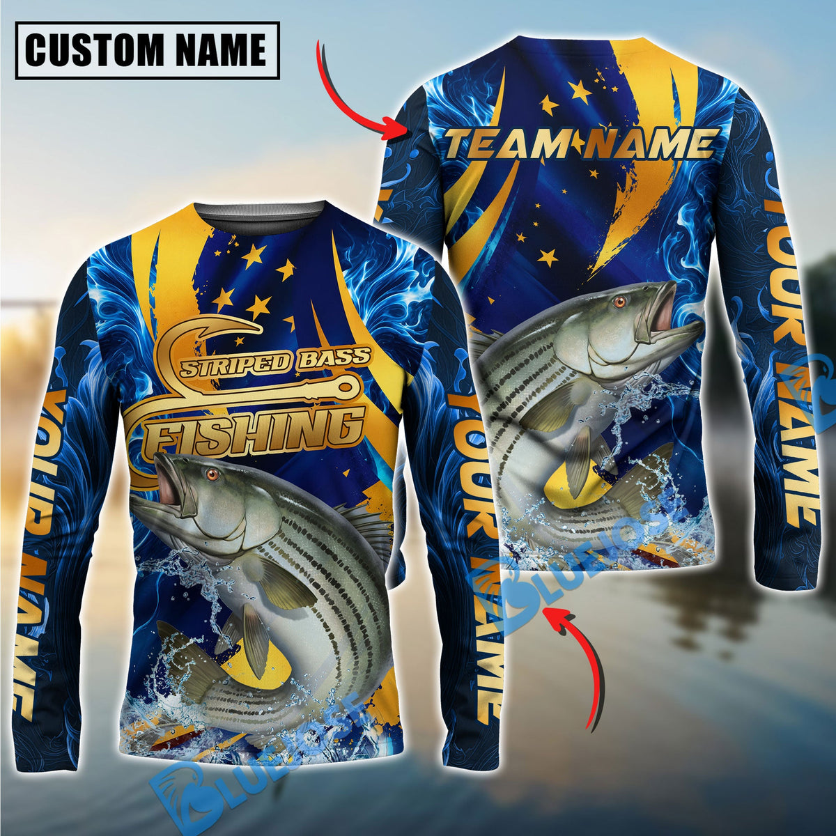 BlueJose Fishing Blue Flame Golden American Flag Custom Name & Team Name 3D Shirts (12 Breeds)