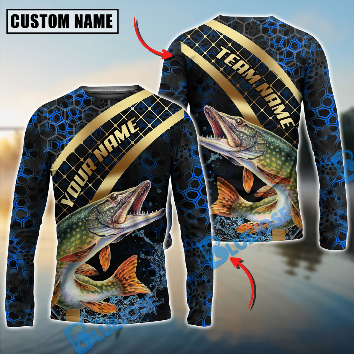 BlueJose Fishing Blue Gold Honeycomb Water Custom Name & Team Name 3D Shirts (12 Breeds)