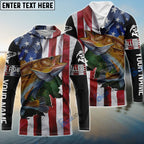 BlueJose Walleye Fishing American Flag Patriotic Fourth Of July Personalized Walleye Long Sleeve Fishing Shirts