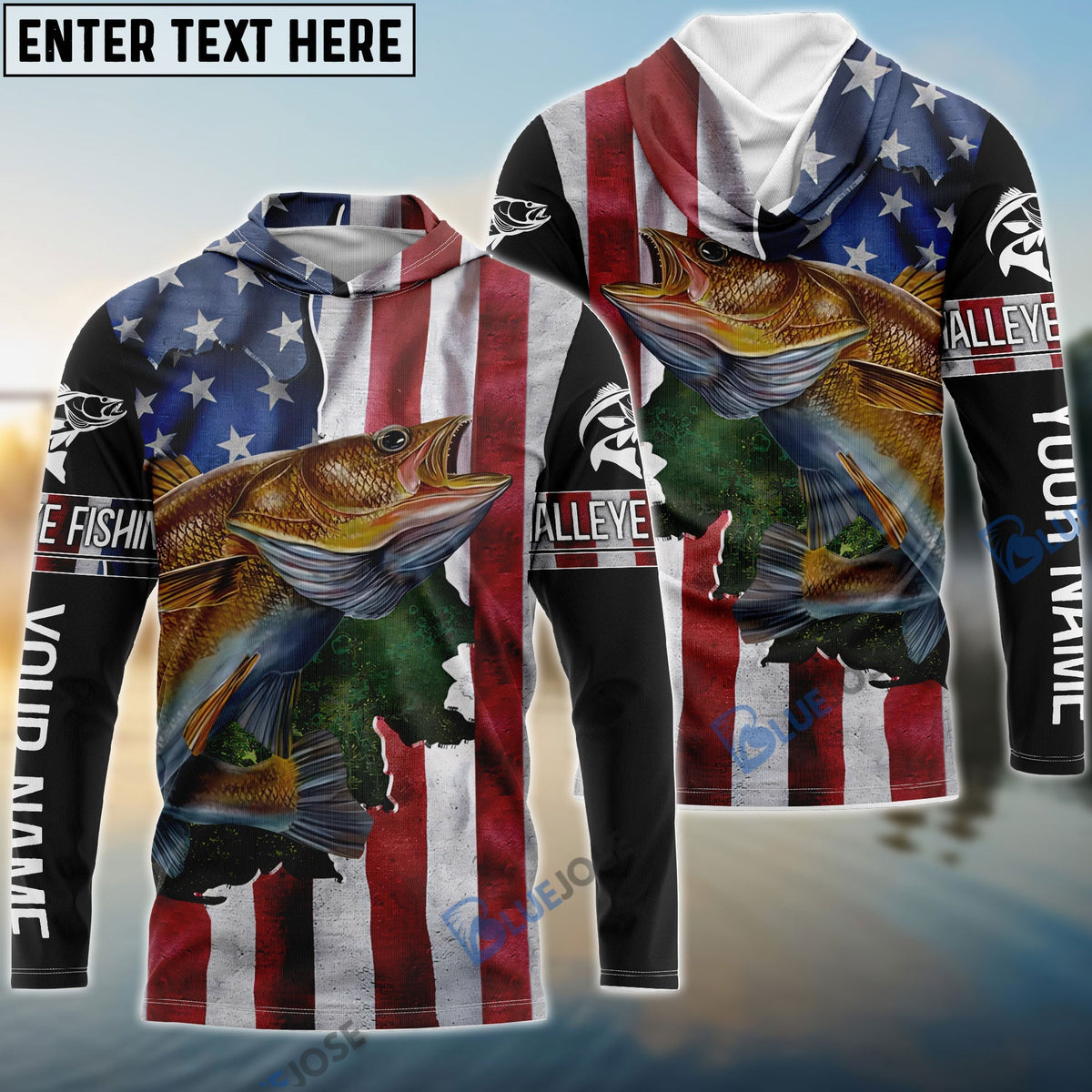 BlueJose Walleye Fishing American Flag Patriotic Fourth Of July Personalized Walleye Long Sleeve Fishing Shirts