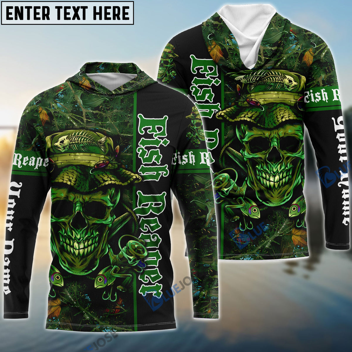 BlueJose Fish Reaper Fishing Green Camouflage Custom Long Sleeve Fishing Shirts