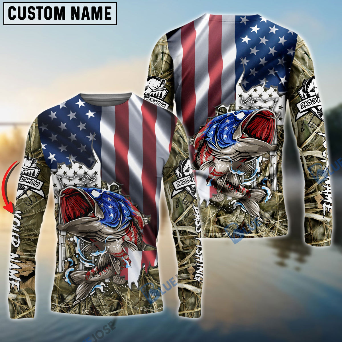 BlueJose American Flag Patriotic Largemouth Bass Camo Fishing Custom Name 3D Shirts