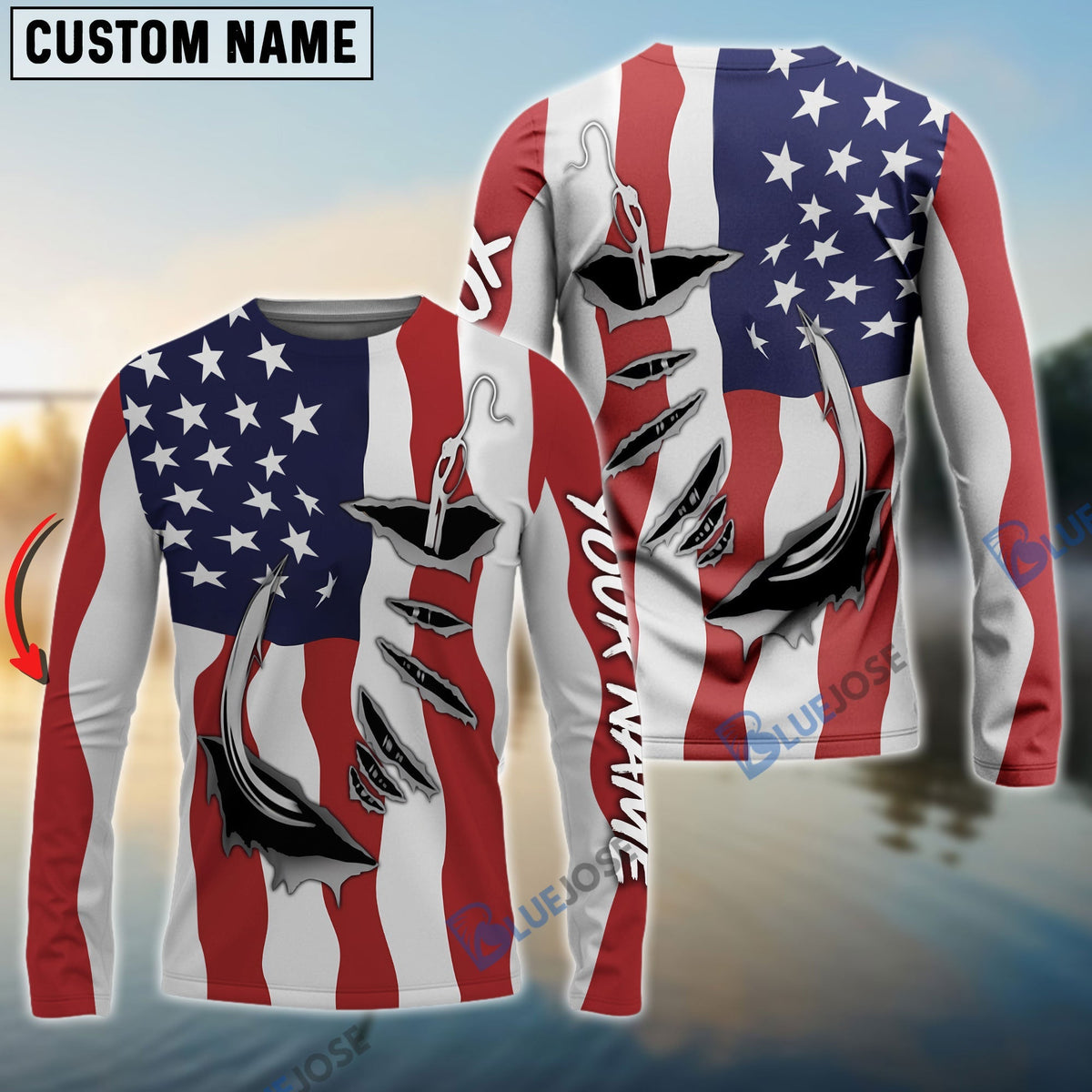 BlueJose Us Fishing Fish Hook American Flag   Custom Long Sleeves Shirts  Patriotic