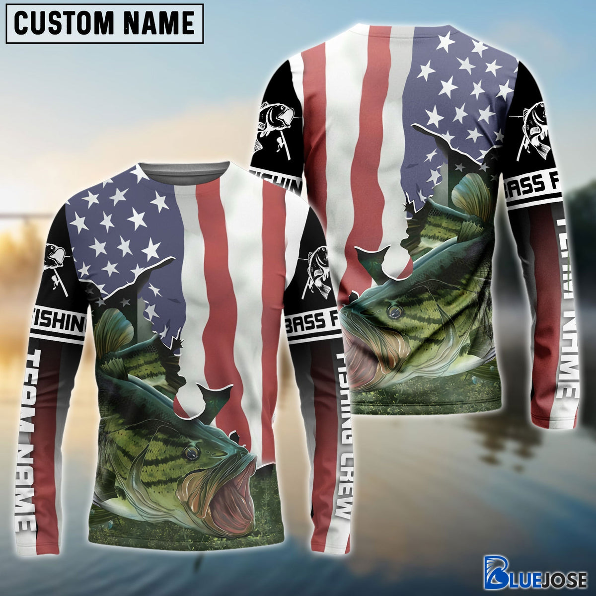BlueJose Bass Fishing Crew 3D Flying American Flag Patriot Customize Name 3D Shirts