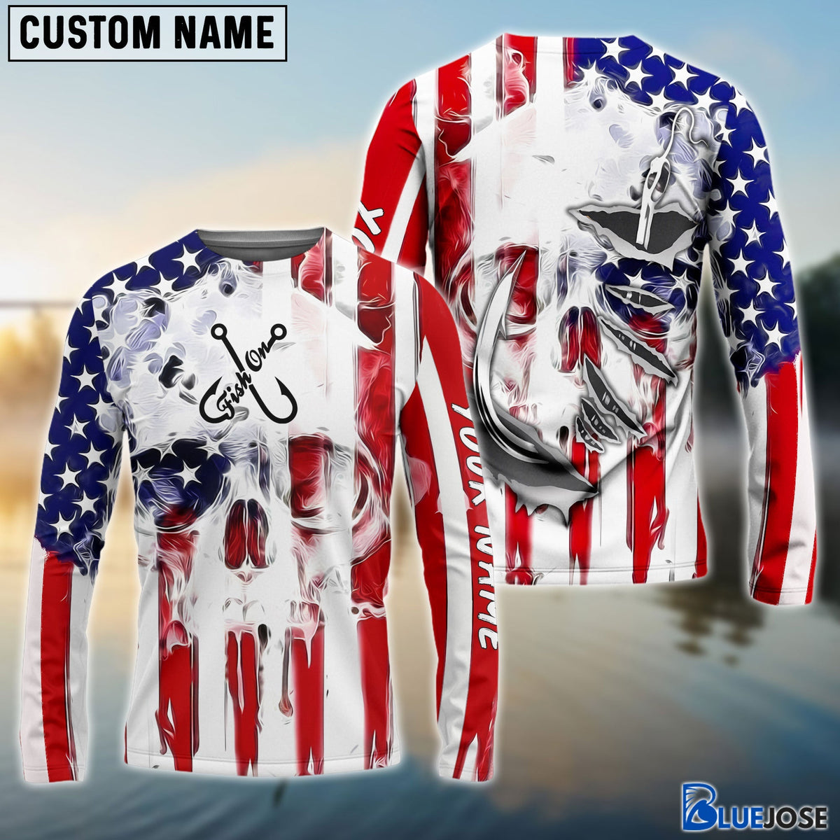 BlueJose American Flag Skull Fish Hook Long Sleeve Fishing Shirts, Personalized Patriotic Fishing Gifts