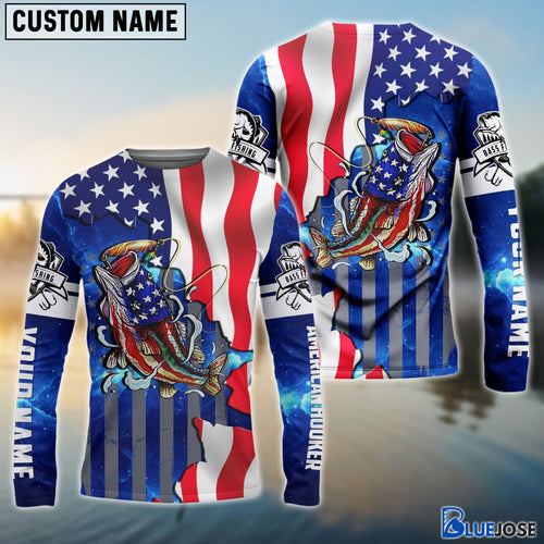 BlueJose Bass Fishing American Flag Patriotic Custom Name 3D Hoodie