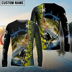 BlueJose Largemouth Bass Fishing Green Bass Scales Custom Name Bass Fishing Long Sleeve, Long Sleeve Hooded