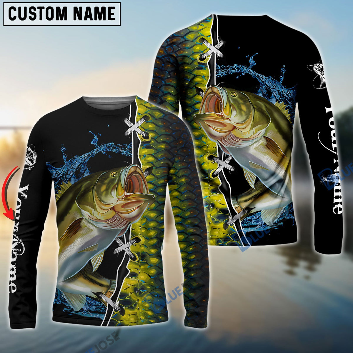 BlueJose Largemouth Bass Fishing Green Bass Scales Custom Name Bass Fishing Long Sleeve, Long Sleeve Hooded