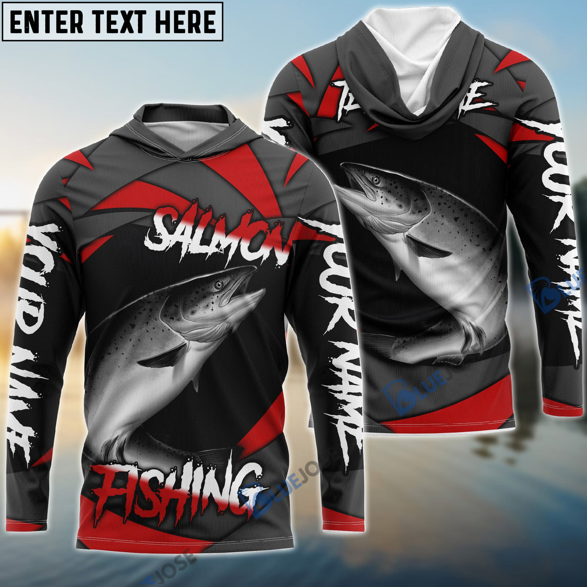 BlueJose Salmon Fishing Red Gray Spinning Pattern Custom Name & Team Name 3D Shirts