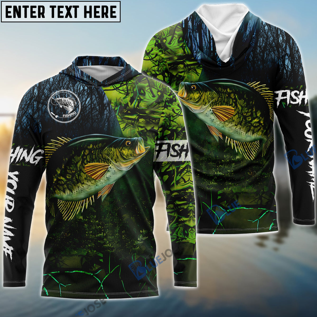 BlueJose Crappie Fishing Green Camo Custom Name Performance Long Sleeve   Fishing Shirts