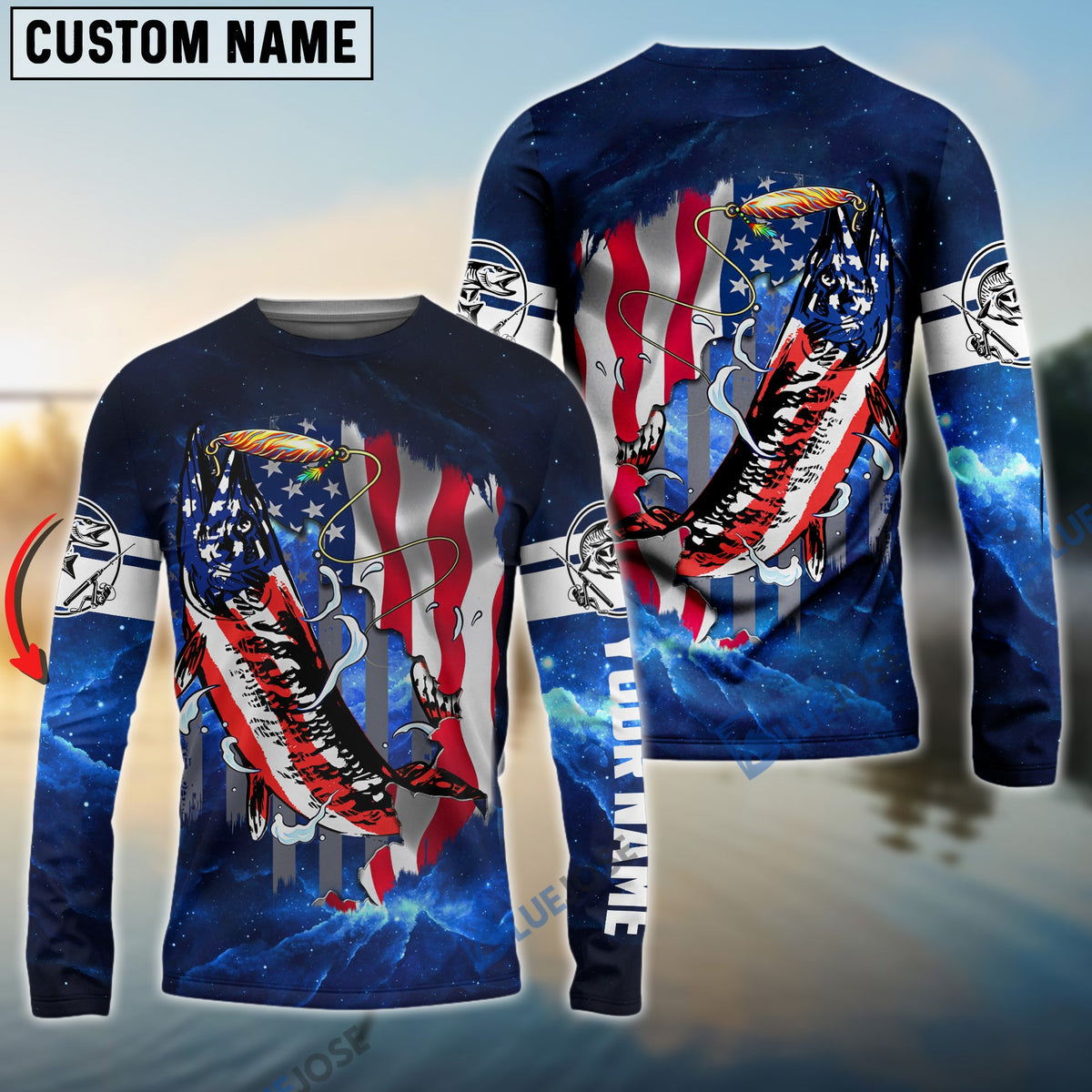 BlueJose Musky Fishing 3D American Flag Patriot Customize Name 3D Shirts