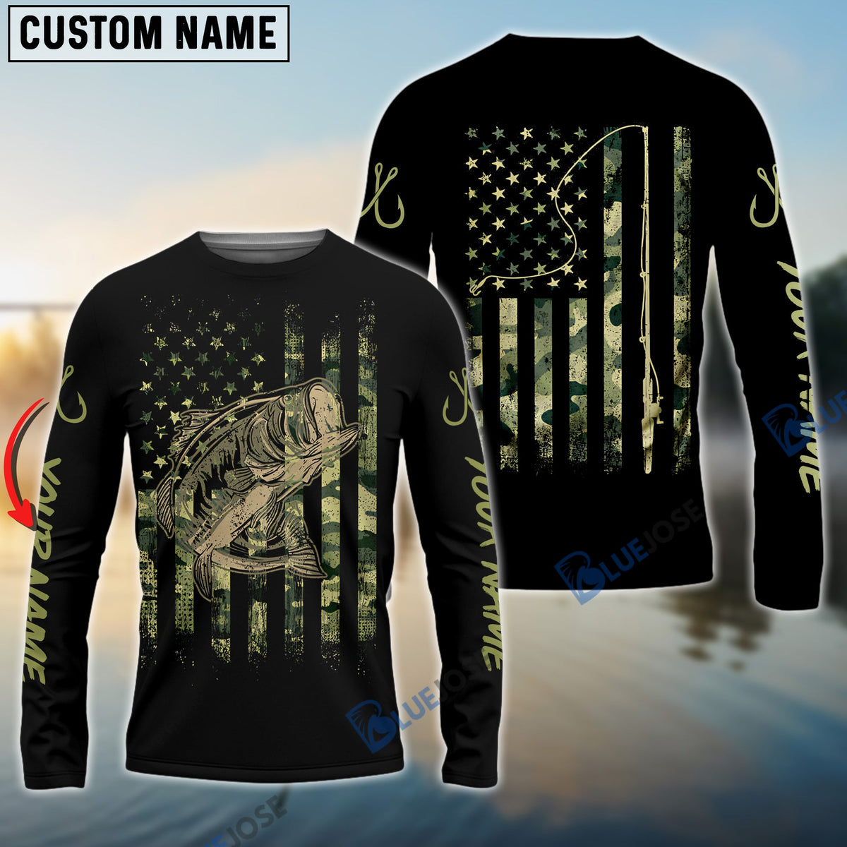 BlueJose Bass Fishing Camo American Flag Custom Long Sleeve Fishing Shirts , Personalized Patriotic Fishing Gifts