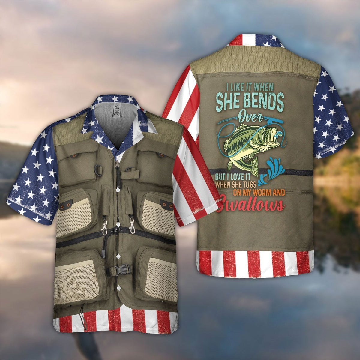 BlueJose Fishing American Fishing Vest Hawaiian Shirt