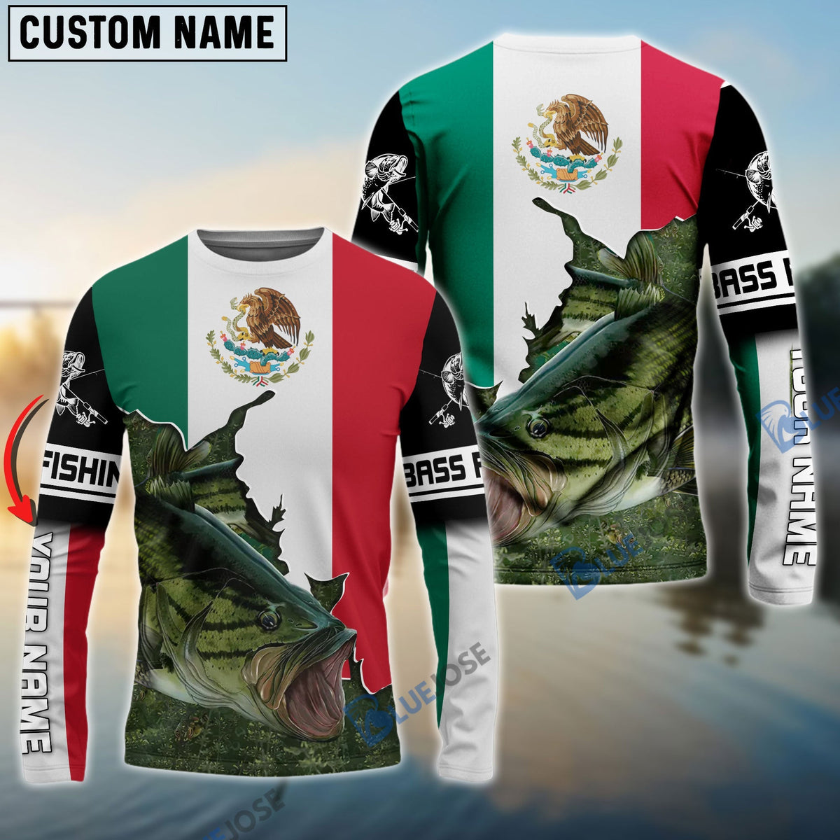 BlueJose Bass Fishing Mexico Flag Personalized Name 3D Shirts