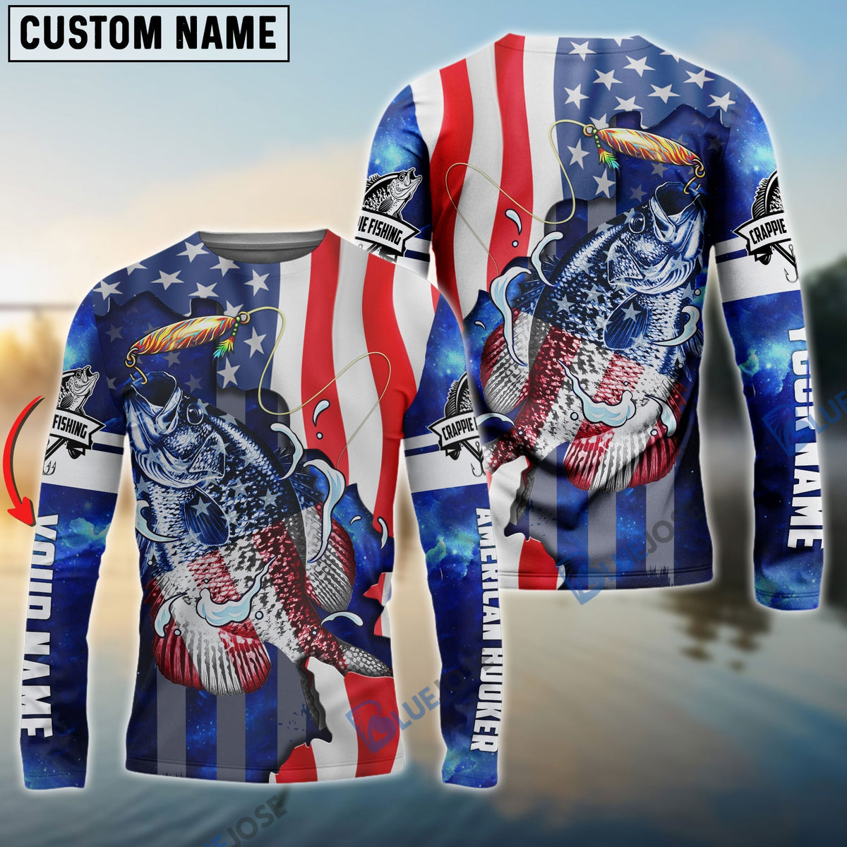 BlueJose Crappie Fishing American Flag Patriotic   Custom Name Long Sleeves  Fishing Shirt