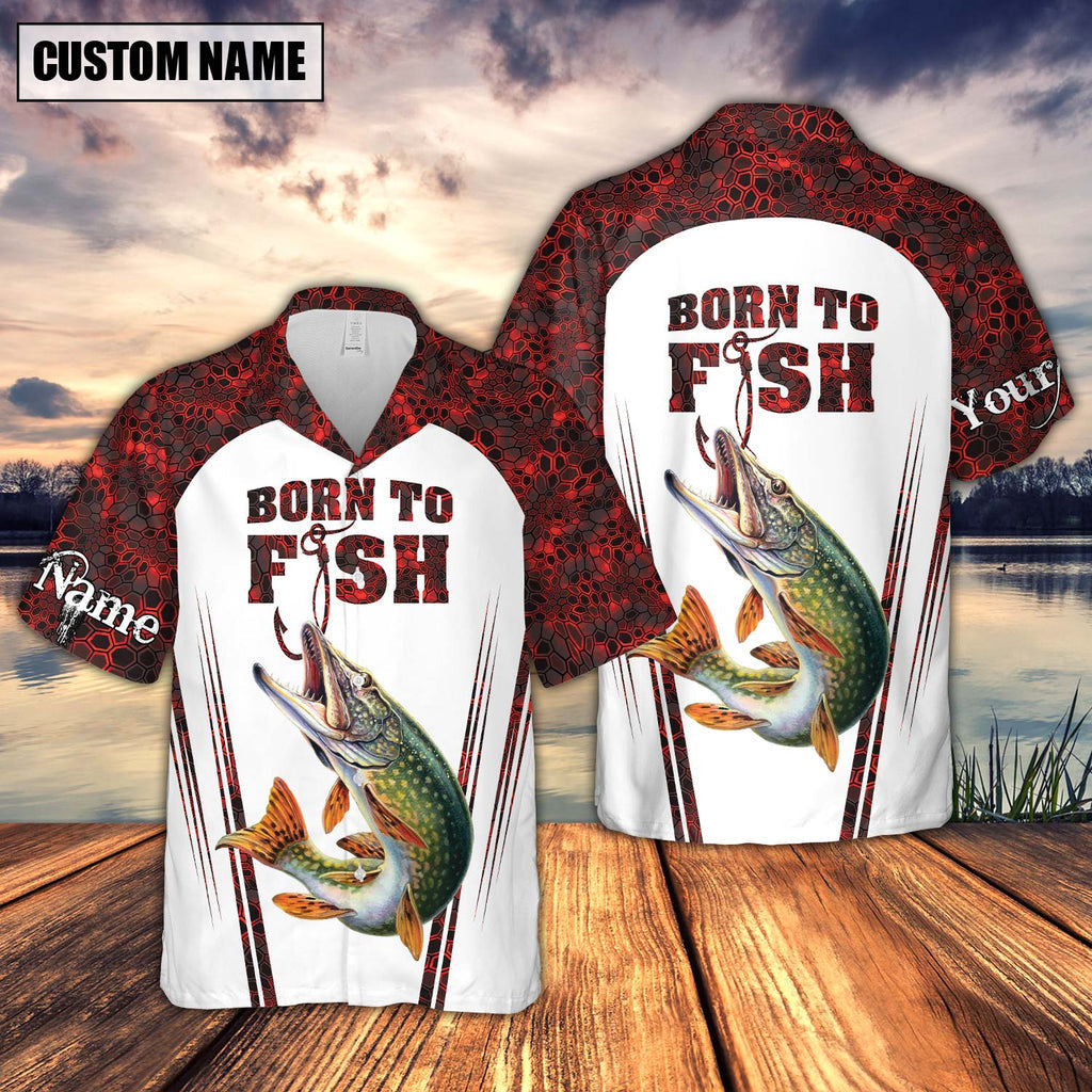 BlueJose Pike Fishing Red Born To Fish Personalized 3D Hawaiian Shirt