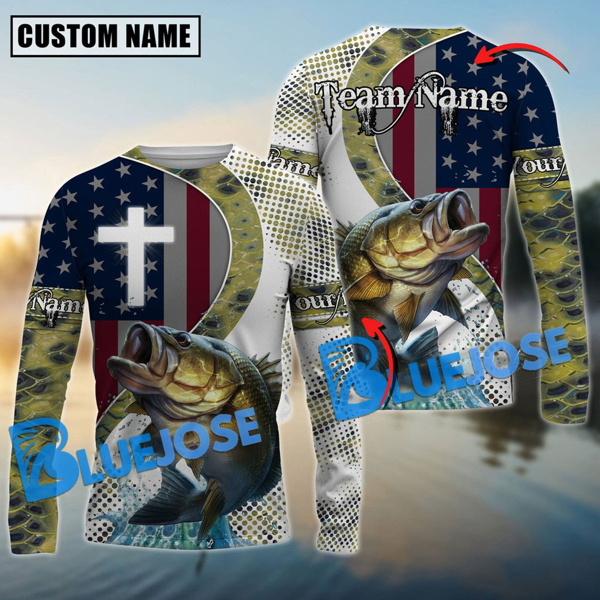 BlueJose Bass Fishing Cross America Flag Skin Pattern Custom Name & Team Name Shirts