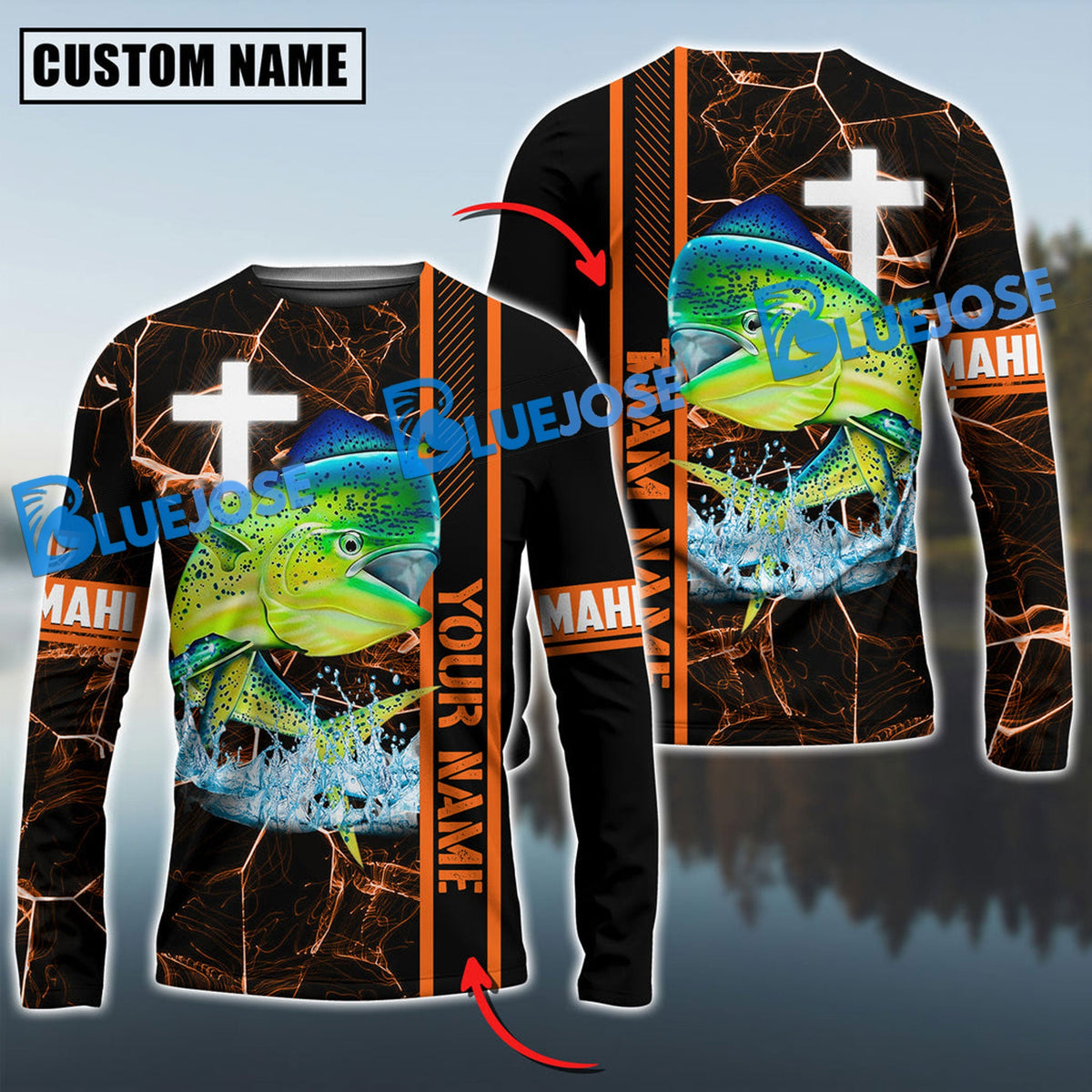 BlueJose Mahi-Mahi Fishing Orange Cross Pattern Custom Name & Team Name 3D Shirts