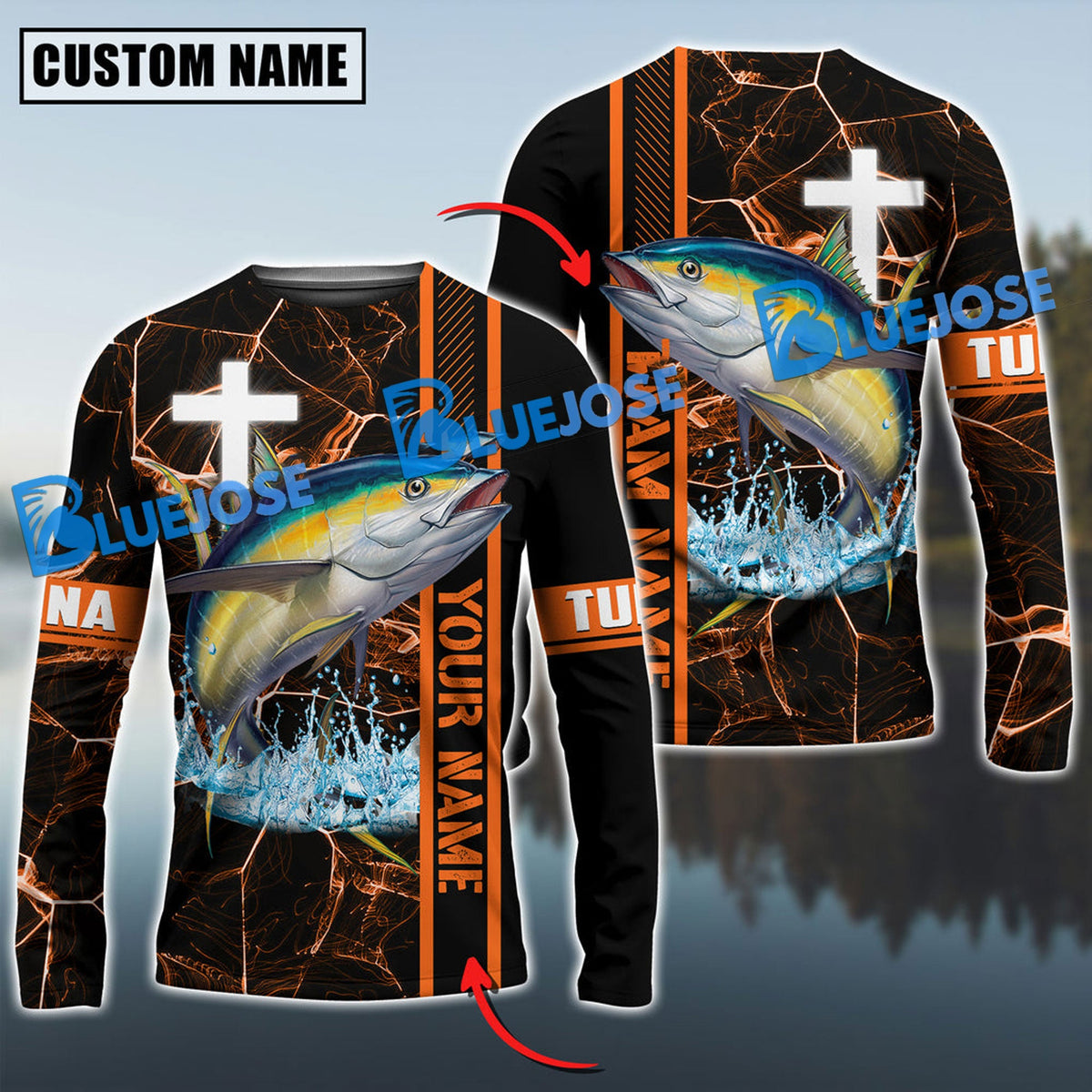 BlueJose Tuna Fishing Orange Cross Pattern Custom Name & Team Name 3D Shirts