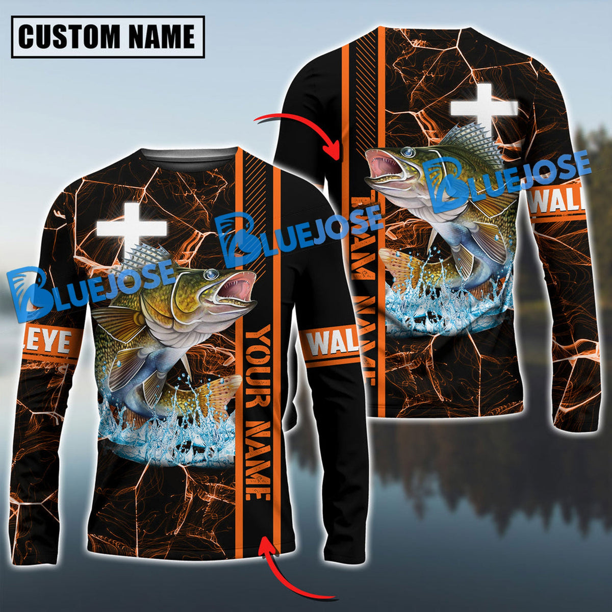 BlueJose Walleye Fishing Orange Cross Pattern Sun Protection Custom Name & Team Name 3D Shirts