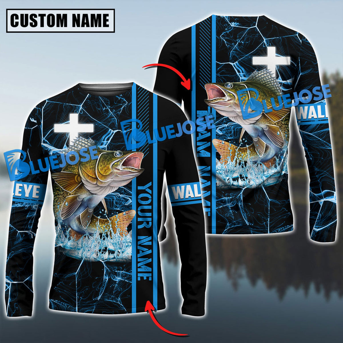BlueJose Walleye Fishing Blue Cross Pattern Sun Protection Custom Name & Team Name 3D Shirts