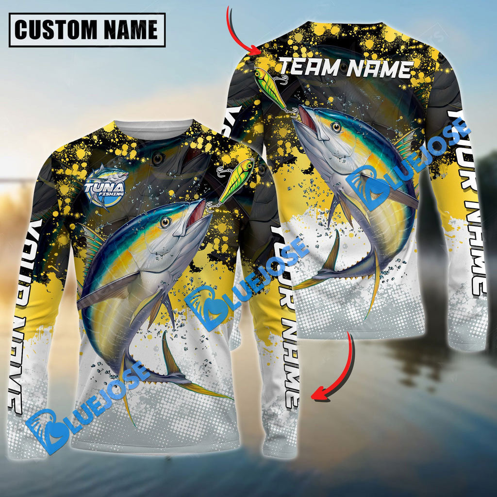 BlueJose Tuna Fishing Yellow White Jersey Sport Pattern Personalized Name Team Name 3D Shirts