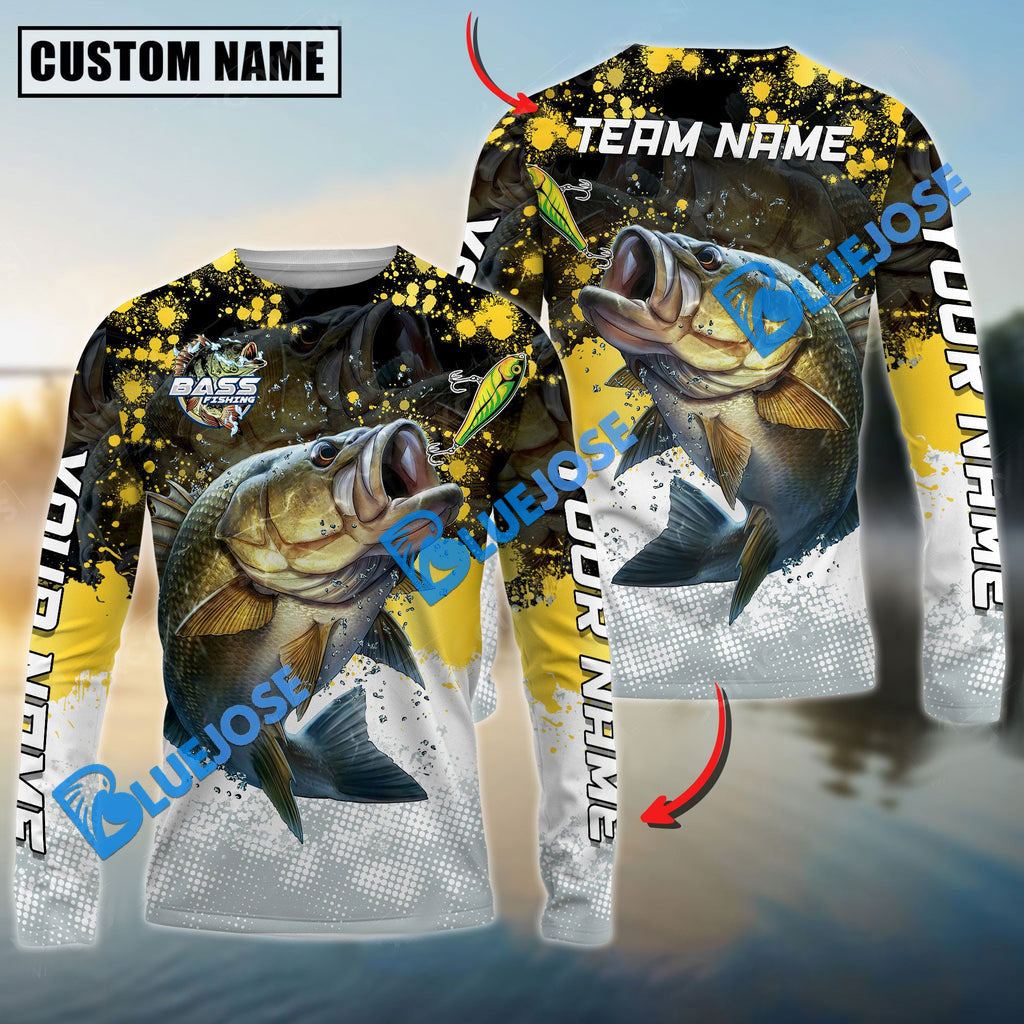 BlueJose Bass Fishing Yellow White Jersey Sport Pattern Personalized Name Team Name 3D Shirts
