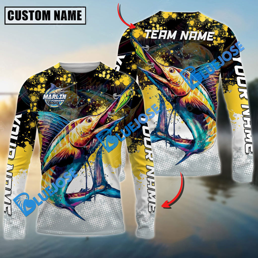 BlueJose Marlin Fishing Yellow White Jersey Sport Pattern Personalized Name Team Name 3D Shirts