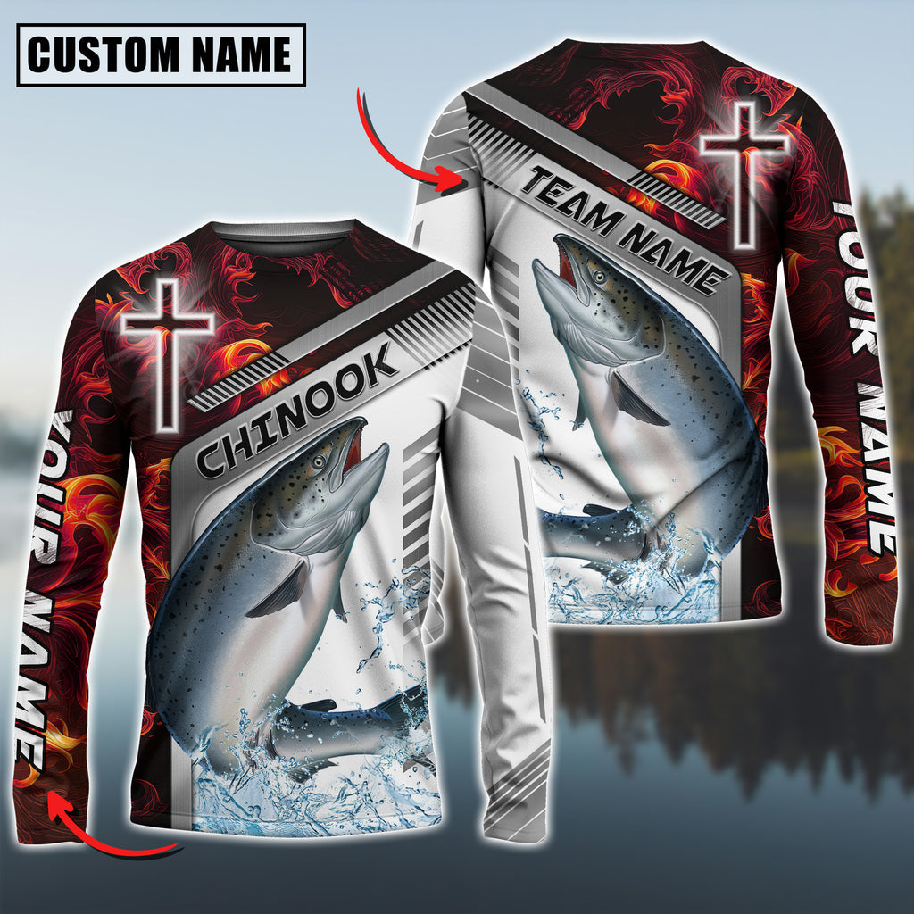 BlueJose Chinook Fishing Red Flame With Cross Pattern Custom Name & Team Name 3D Shirts