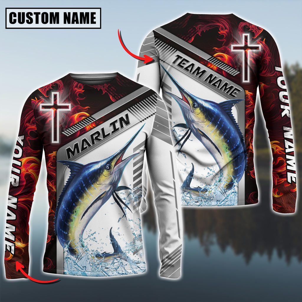 BlueJose Marlin Fishing Red Flame With Cross Pattern Custom Name & Team Name 3D Shirts