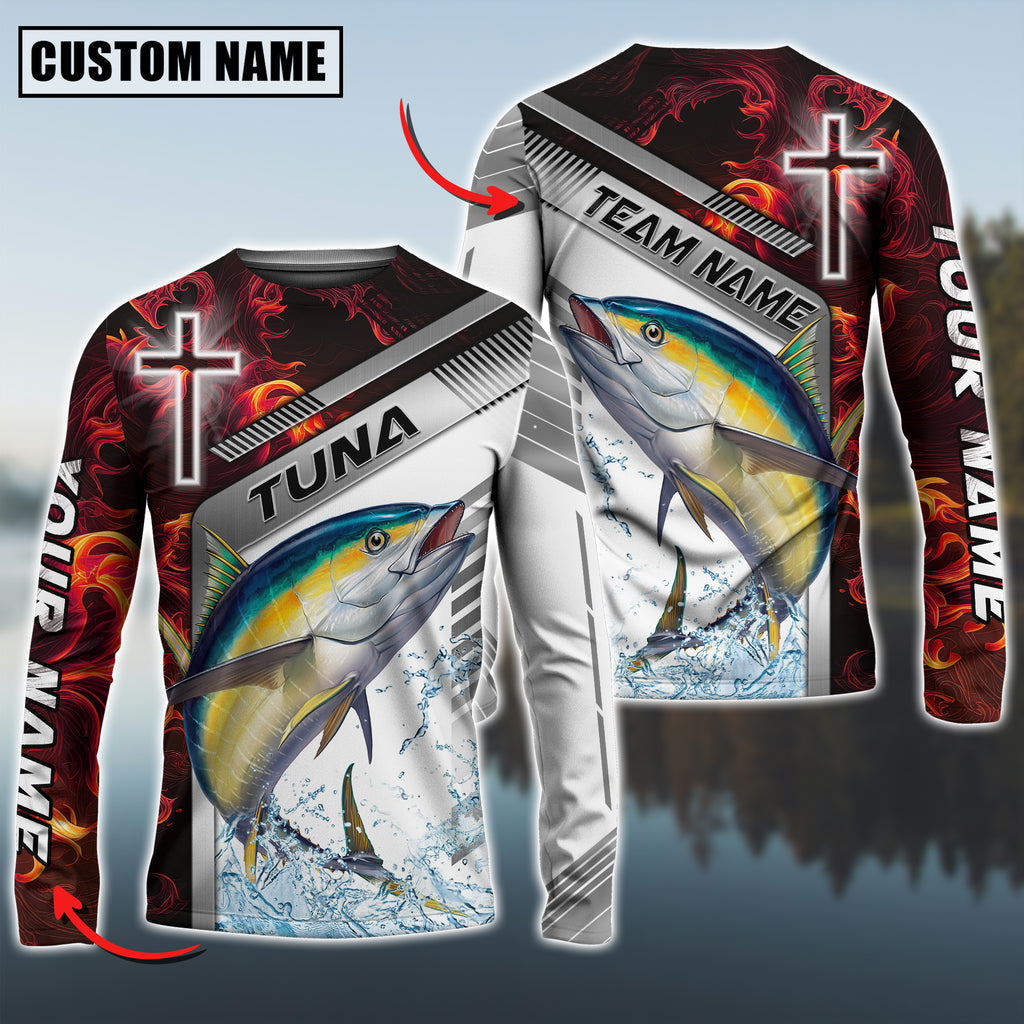BlueJose Tuna Fishing Red Flame With Cross Pattern Custom Name & Team Name 3D Shirts