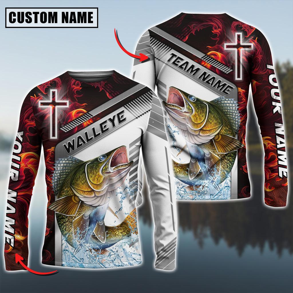 BlueJose Walleye Fishing Red Flame With Cross Pattern Custom Name & Team Name 3D Shirts
