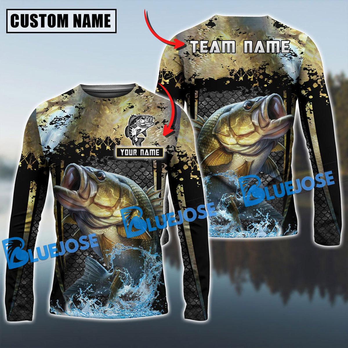BlueJose Bass Fishing Skinfish Trophy Fish Pattern Custom Name & Team Name 3D Shirts