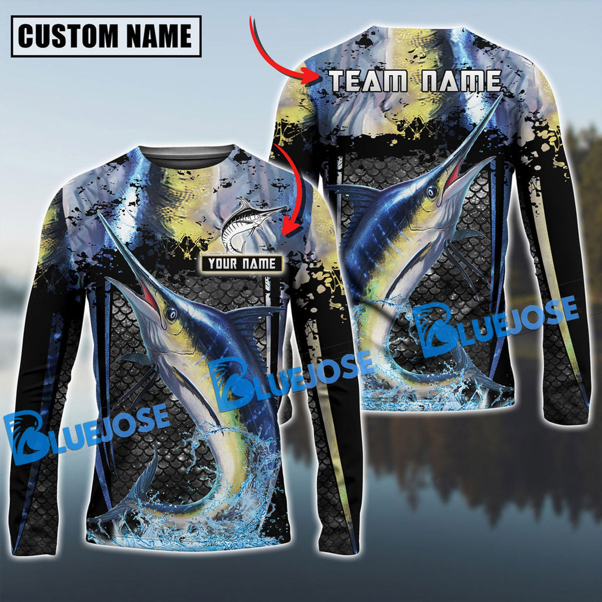 BlueJose Marlin Fishing Skinfish Trophy Fish Pattern Custom Name & Team Name 3D Shirts
