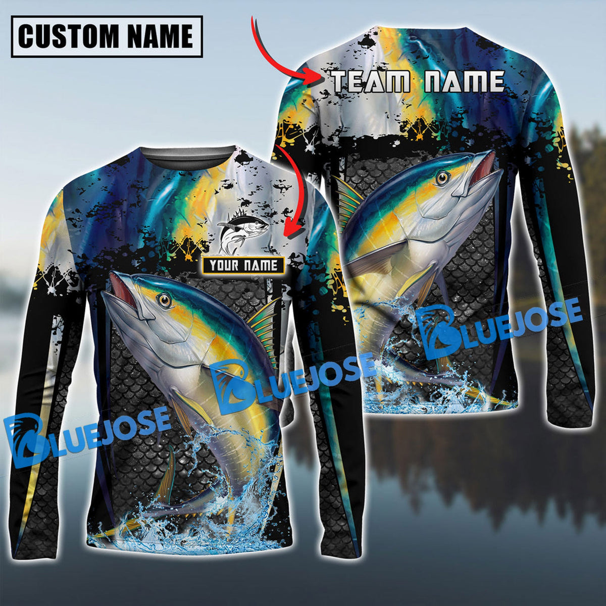 BlueJose Tuna Fishing Skinfish Trophy Fish Pattern Custom Name & Team Name 3D Shirts