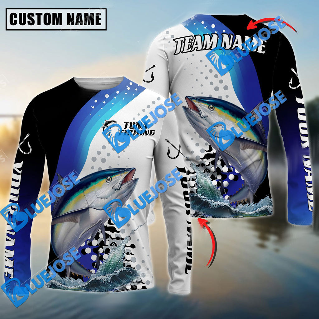BlueJose Tuna Fishing Jersey Blue Camo Pattern Personalized Name And Team Name Long Sweat Shirt