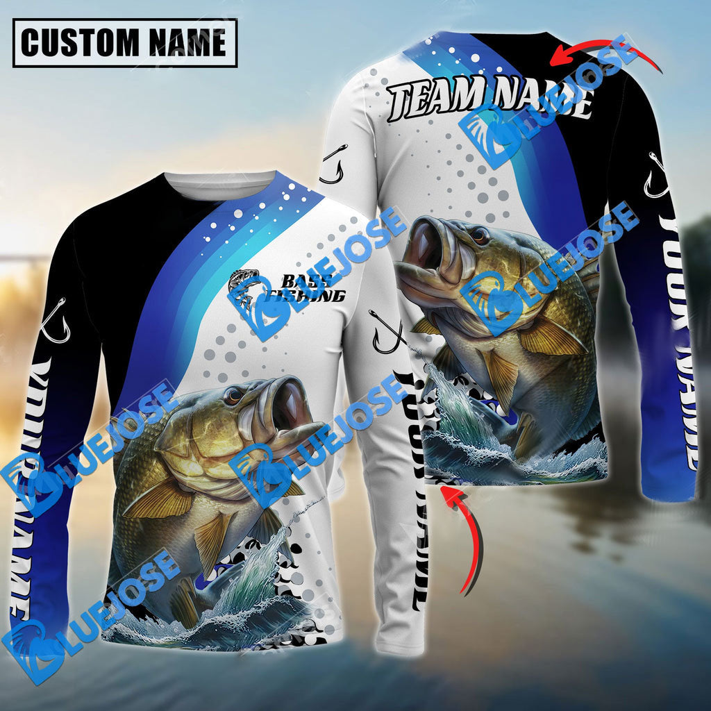 BlueJose Bass Fishing Sun Protection Jersey Blue Camo Pattern Personalized Name And Team Name Long Sweat Shirt