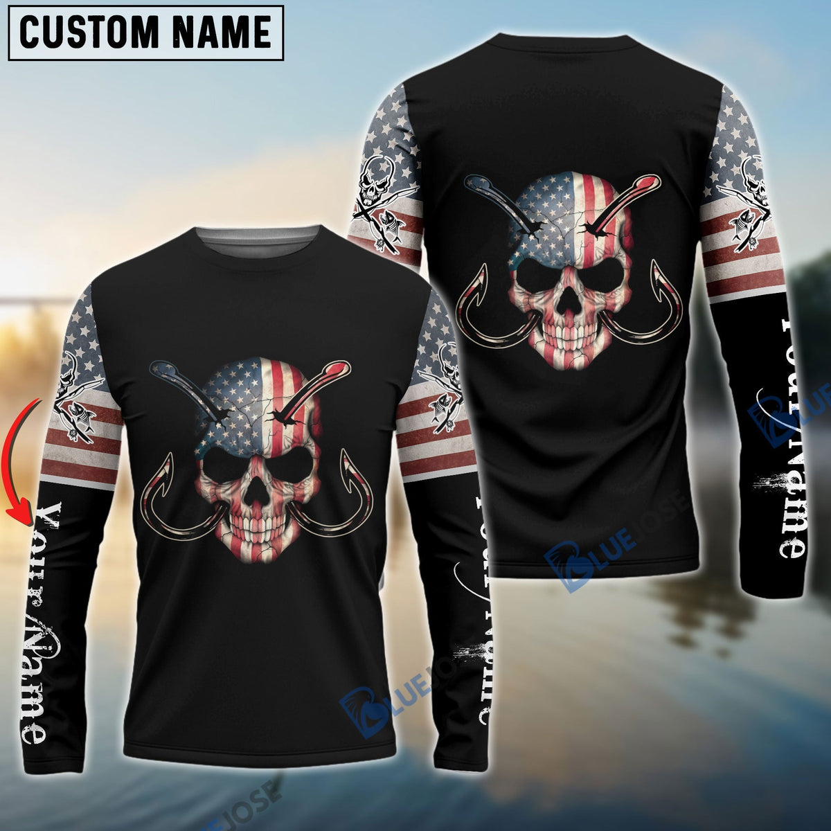 BlueJose Fishing Skull American Flag Personalized Name 3D Shirts